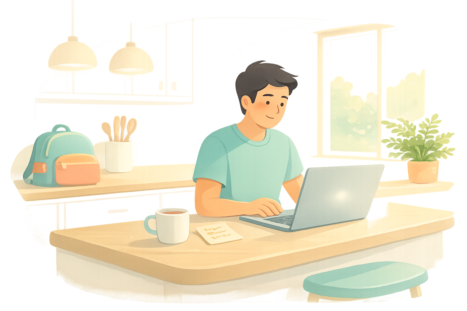 A parent at a kitchen island, laptop open, calmly planning summer camps